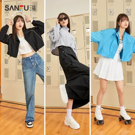 直播秒杀三福外套秋冬季2024新款小个子宽松短款立领运动风时尚冲商品大图