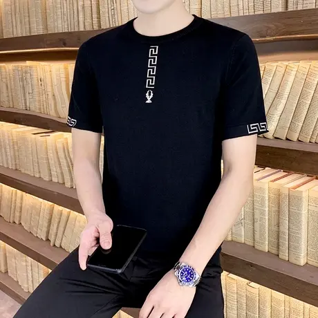 短袖男t恤春夏季潮流圆领针织打底衫上衣服半袖男款套头毛衣体恤商品大图