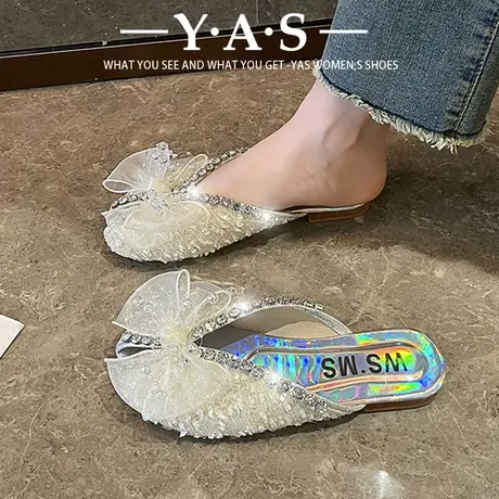 包头半拖鞋女夏季外穿2024年新款韩版蝴蝶结亮钻平底软底鱼嘴凉鞋图片