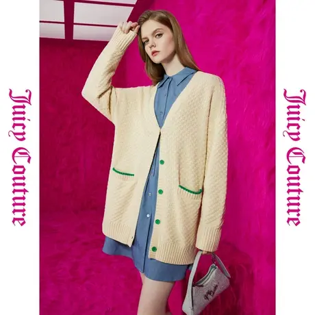 Juicy Couture橘滋秋女女装年新款奶油华夫撞色扣V领女式毛衣图片