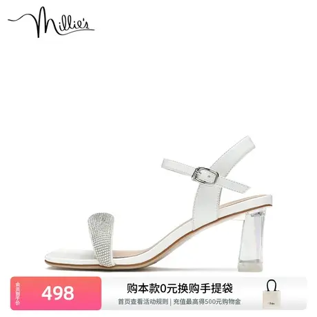 millie's妙丽春季商场同款烫钻高跟气质一字带粗跟女凉鞋302ZABL2图片