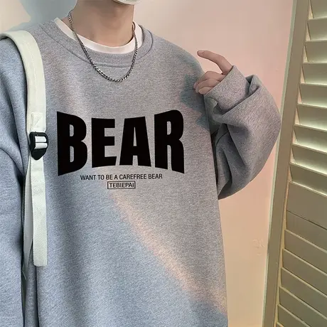 国潮宽松圆领秋冬男士卫衣ins潮牌美式字母印花无帽外套长袖上衣商品大图