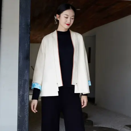 素飞中式外套短款毛呢春季新款改良汉服国风开衫唐装上衣禅意茶服商品大图