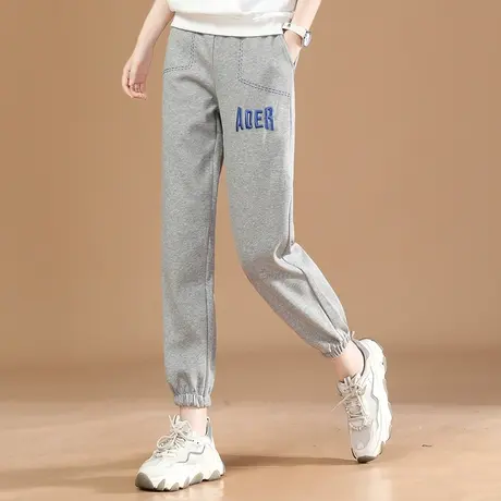 韩潮袭人松紧腰休闲运动裤女2023秋季新款刺绣灰色束脚哈伦卫裤子图片