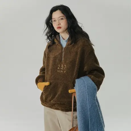 omont蛋挞家 羊羔毛连帽拉链卫衣女冬季2023新款宽松加厚卫衣上衣商品大图