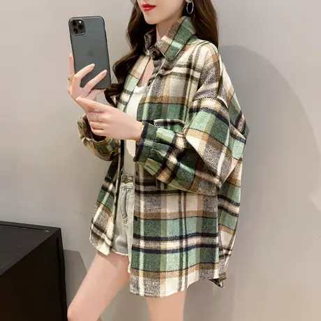 毛绒格子衬衫女宽松韩版百搭学生2023新款衬衣上衣复古港味长袖秋商品大图