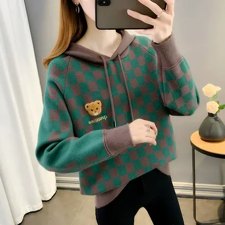 连帽针织衫卫衣女2023春装新款上衣网红爆款棋盘格子薄款毛衣外穿图片