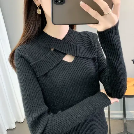 交叉半高领毛衣女性感打底衫2023秋冬新款套头修身针织衫内搭上衣商品大图