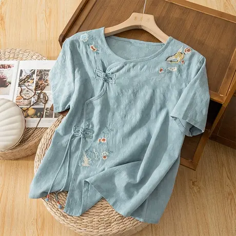享永子短袖刺绣棉麻T恤女文艺复古宽松百搭休闲上衣2023夏季新款图片