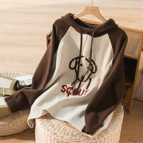 享永子连帽针织卫衣女宽松显瘦文艺复古套头毛衣外套秋冬2022新款商品大图