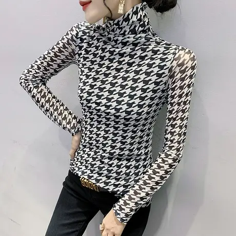 洋气千鸟格上衣女欧货性感网纱高领打底衫春秋设计感撞色长袖T恤商品大图
