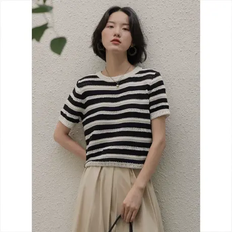 弥古黑白条纹纯棉针织短袖t恤女夏冰丝薄款法式镂空上衣短款罩衫图片