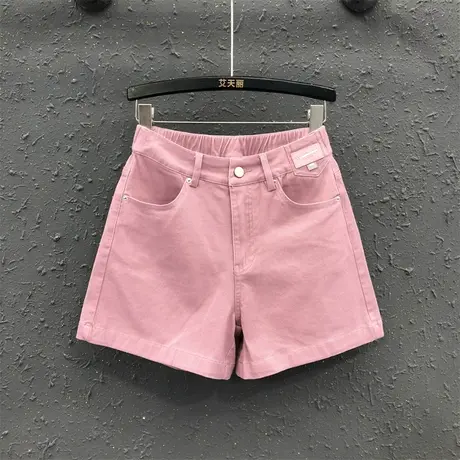 2023夏季新款后松紧腰宽松A字阔腿裤女粉色少女显瘦薄款牛仔短裤商品大图