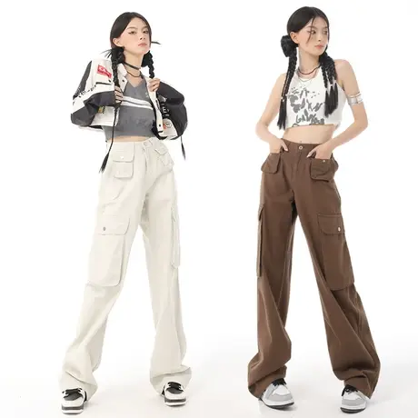 米白美式工装裤女高腰秋2023年新款薄设计感宽松显瘦阔腿休闲裤子图片