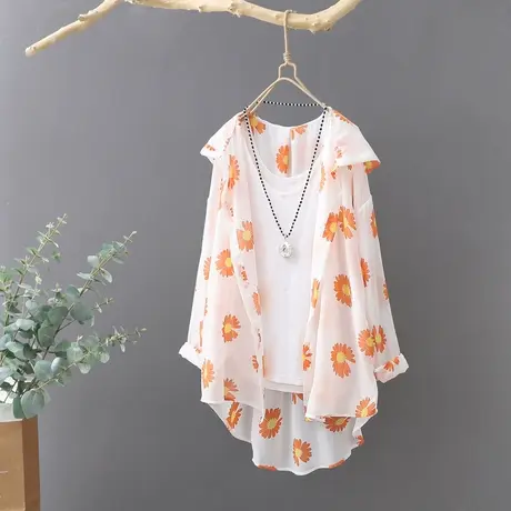 韩范太阳花雪纺连帽防晒衬衫女宽松大码薄款防晒印花外套衬衣上衣图片