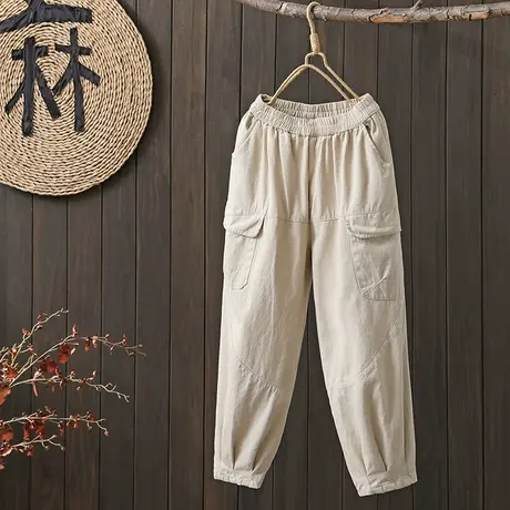 枫谜春季新款大口袋松紧腰九分工装裤文艺复古宽松休闲萝卜裤图片