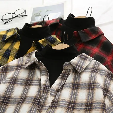 2020秋冬新款长袖格子高领衬衫女格纹假两件上衣复古港味打底衬衣图片