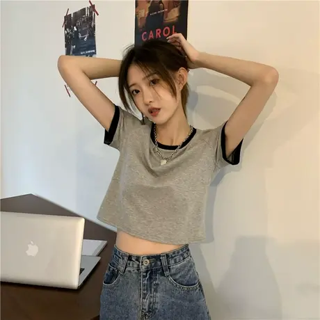 露脐上衣夏季2023新款撞色修身显瘦短款设计感小心机短袖T恤女商品大图