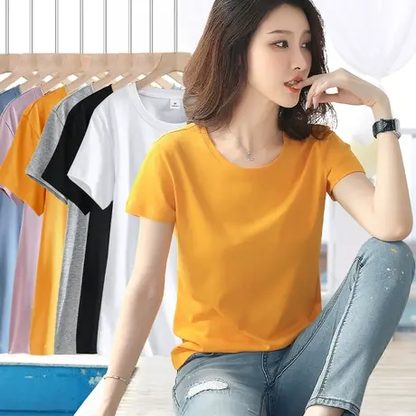 纯棉圆领短袖t恤女2023年新款百搭修身纯色正肩女士半袖体恤上衣图片