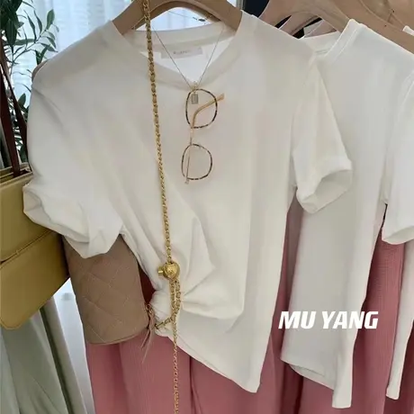 店主自留3件！韩国2023新款 小白T恤女青春短袖t宽松圆领纯色上衣商品大图