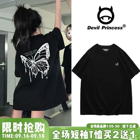 韩系chic可盐可甜ins小众纯棉黑色t恤女宽松短袖2023夏季圆领半袖图片