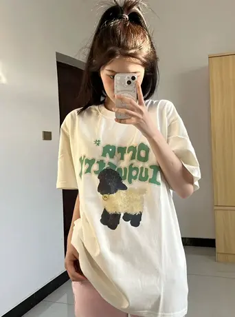 趣味小羊印花纯棉短袖t恤女ins潮夏季宽松小众设计感日系复古上衣图片