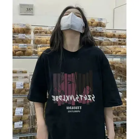 纯棉黑色短袖t恤女夏季宽松oversize美式复古半袖港味chic上衣潮商品大图