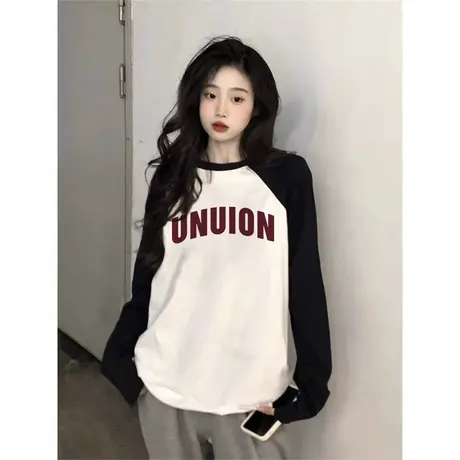 拼色插肩袖纯棉长袖t恤女秋季小众设计感韩版宽松内搭打底衫上衣图片