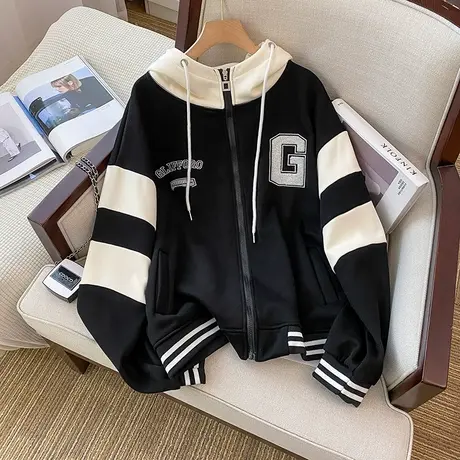 学院风设计感连帽卫衣女秋冬季加绒加厚ins潮牌宽松大码开衫外套图片