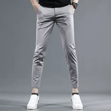 浅灰色冰丝九分休闲裤男2023夏季新款修身小脚弹力薄款潮牌裤子男商品大图