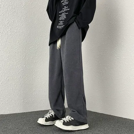 灰色卫裤子男款春秋潮牌灯芯绒直筒休闲长裤青少年秋季宽松运动裤商品大图