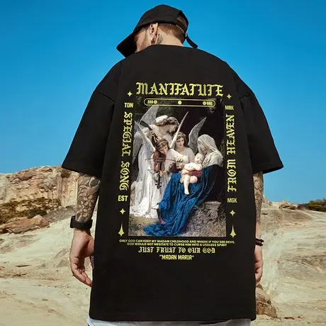 oversize欧美潮牌国潮嘻哈宽松油画短袖T恤胖子半袖大码男装潮流商品大图