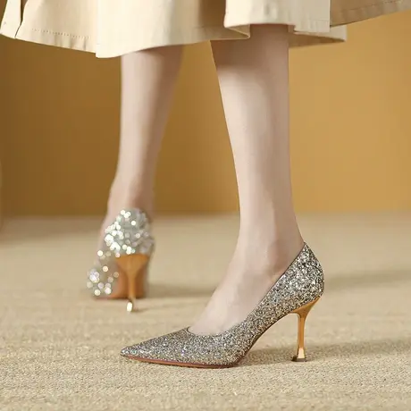 尖头亮片高跟鞋女细跟2023年春夏季新款新娘浅口婚鞋性感气质单鞋商品大图