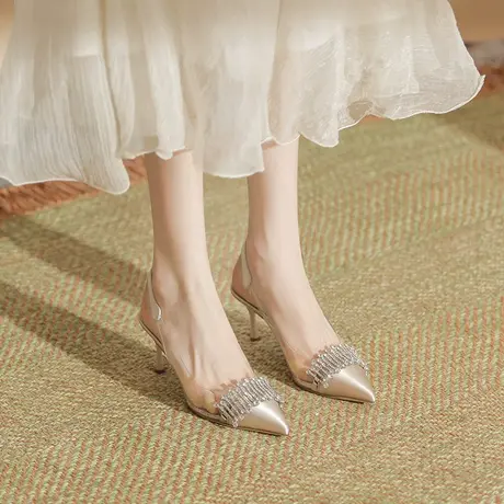 透明高跟鞋女2023年夏季新款尖头细跟水钻单鞋时尚一字带包头凉鞋图片