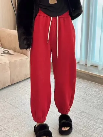 红色加绒加厚运动裤子女秋冬装小个子显瘦宽松束脚休闲卫裤春秋潮商品大图