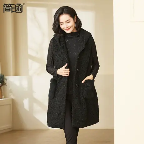 简涵大码女装2023秋冬新款胖mm羊羔毛外套中长款背心黑色显瘦马夹商品大图