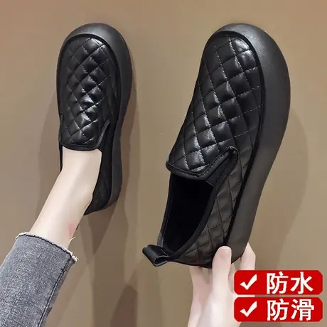 老北京全黑色单鞋女春季一脚蹬厚底皮面工作鞋防水防滑厨房鞋软底图片