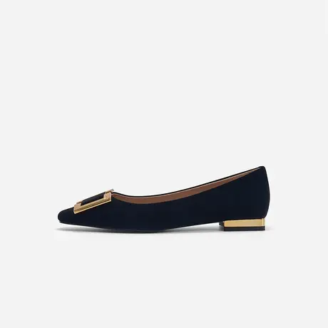 Nine West/玖熙2023年春季新款低跟单鞋女小方头绒面方扣平底女鞋图片