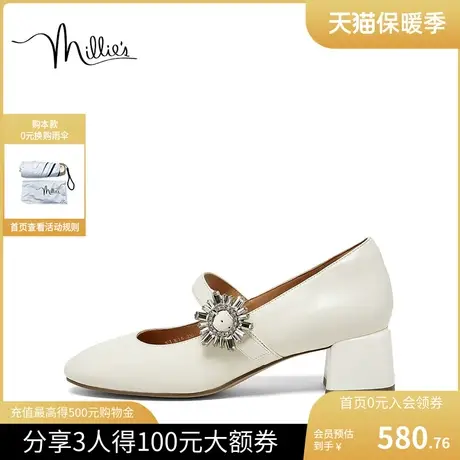 millie's妙丽2023春羊皮时尚晚晚鞋钻扣玛丽珍粗跟女单鞋SIR16AQ3图片