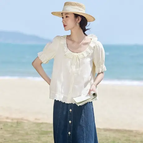 茵曼时尚文艺衬衣2023夏女装新款纯棉花边圆领泡泡袖修身提花衬衫图片