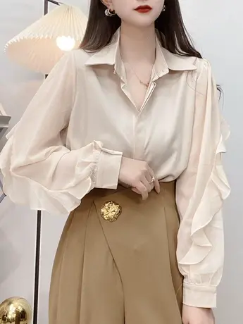 2023春夏新款纯色洋气荷叶边衬衫女休闲百搭显瘦上衣ins百搭衬衣商品大图