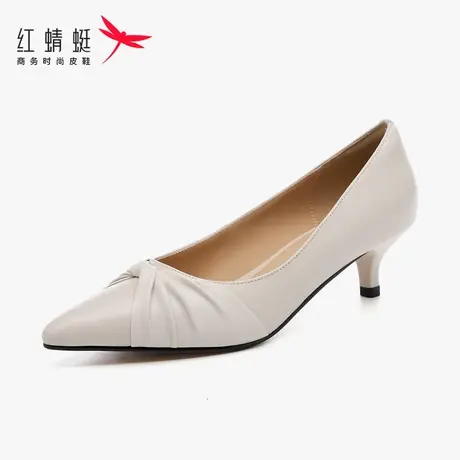 红蜻蜓女鞋春季新款羊皮短跟细跟尖头女士高跟鞋女夏季真皮小猫跟图片