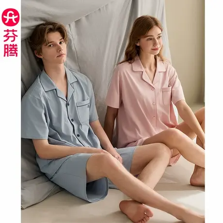 芬腾情侣睡衣女夏季纯棉薄款短袖短裤休闲男款宽松家居服全棉套装商品大图