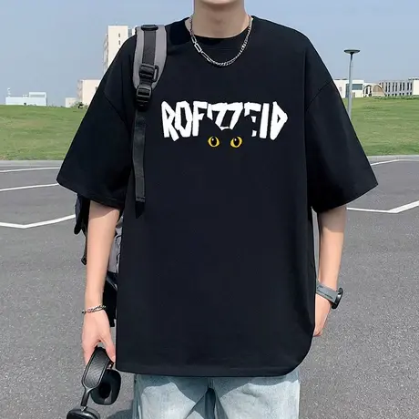 短袖T恤男夏季新款宽松圆领体恤大码潮牌美式休闲宽松纯棉上衣服商品大图