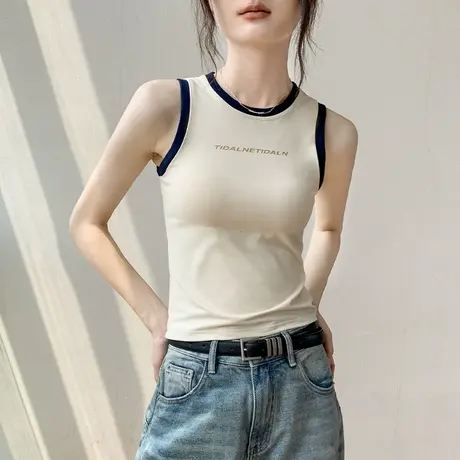 歌倍尚印花拼色圆领无袖背心女2025春夏新款修身外穿辣妹内搭上衣图片