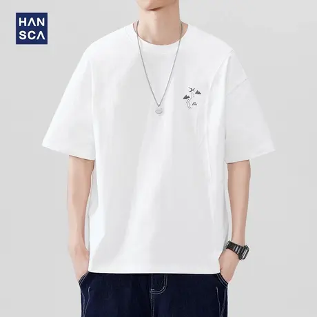 hansca 夏季纯棉短袖T恤男2025新款宽松潮牌拼接时尚刺绣休闲上衣商品大图