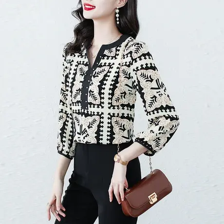 早秋七分袖雪纺衫女装2023新款潮流简约印花别致宽松中袖女上衣潮商品大图