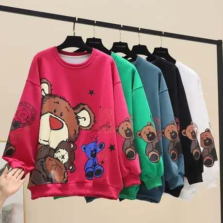 卡通小熊卫衣女2023年新款春装宽松bf慵懒风ins圆领上衣外套爆款商品大图