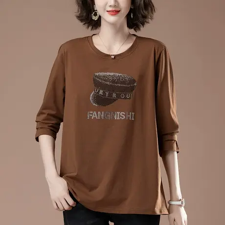 中年妈妈长袖t恤女春秋季加大码女装宽松纯棉烫钻洋气显瘦打底衫商品大图