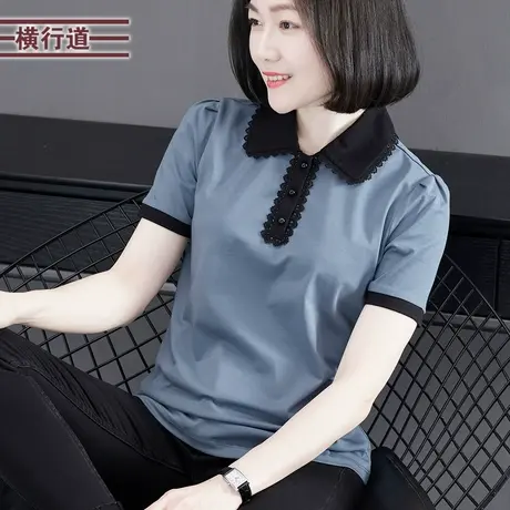 2023夏季新款简约甜美翻领撞色花边短袖T恤女大码上衣外穿妈妈装商品大图